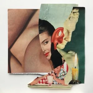Collage of a woman posing with red lipstick, hands, and a black skirt
