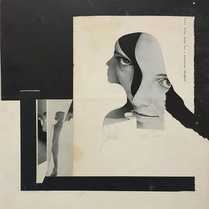 Collage of monochrome female faces with a hood, abstract geometric shapes