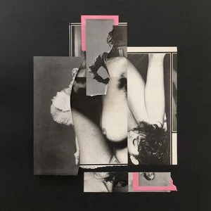 Black-and-white collage of a woman with pink accents on dark background