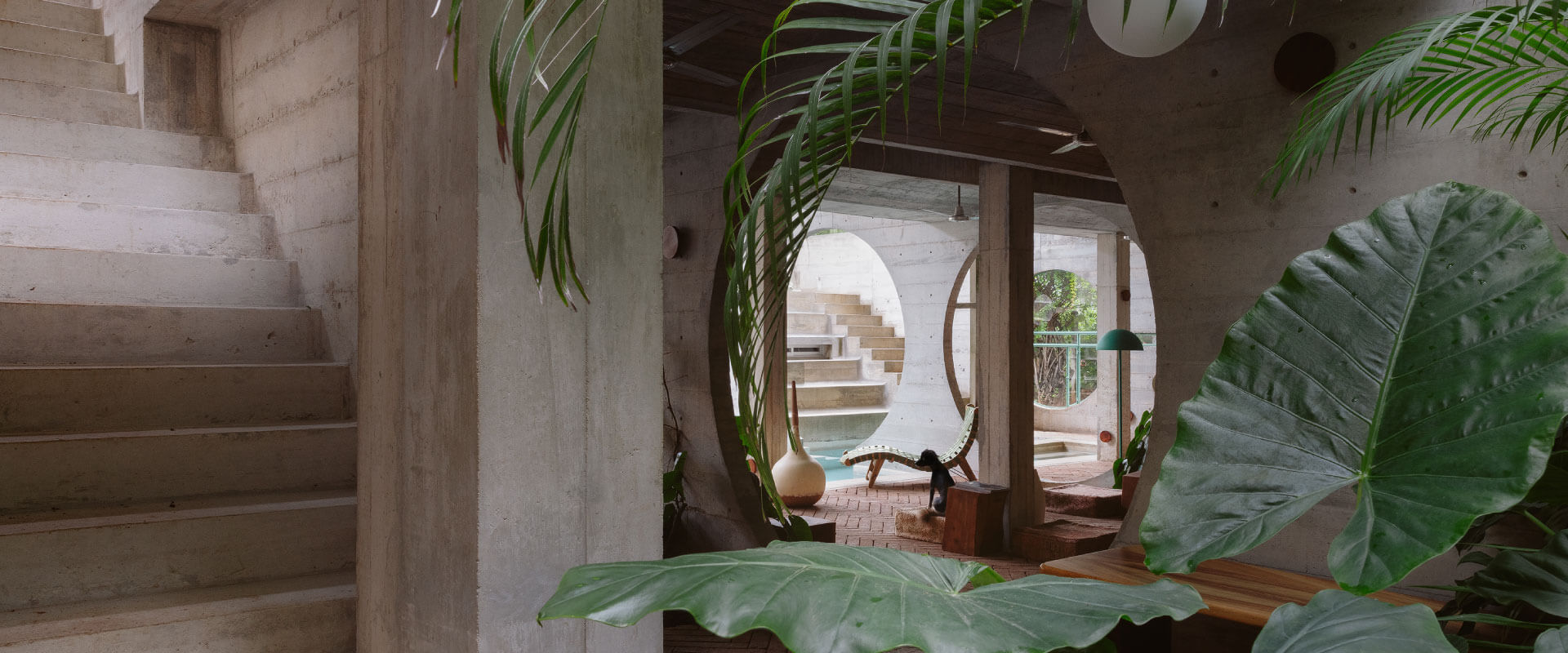 Modern interior with concrete steps, large plants, and a round mirror reflecting a room
