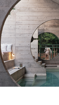 Interior moderno con piscina y arcos de hormigón, jardín al fondo