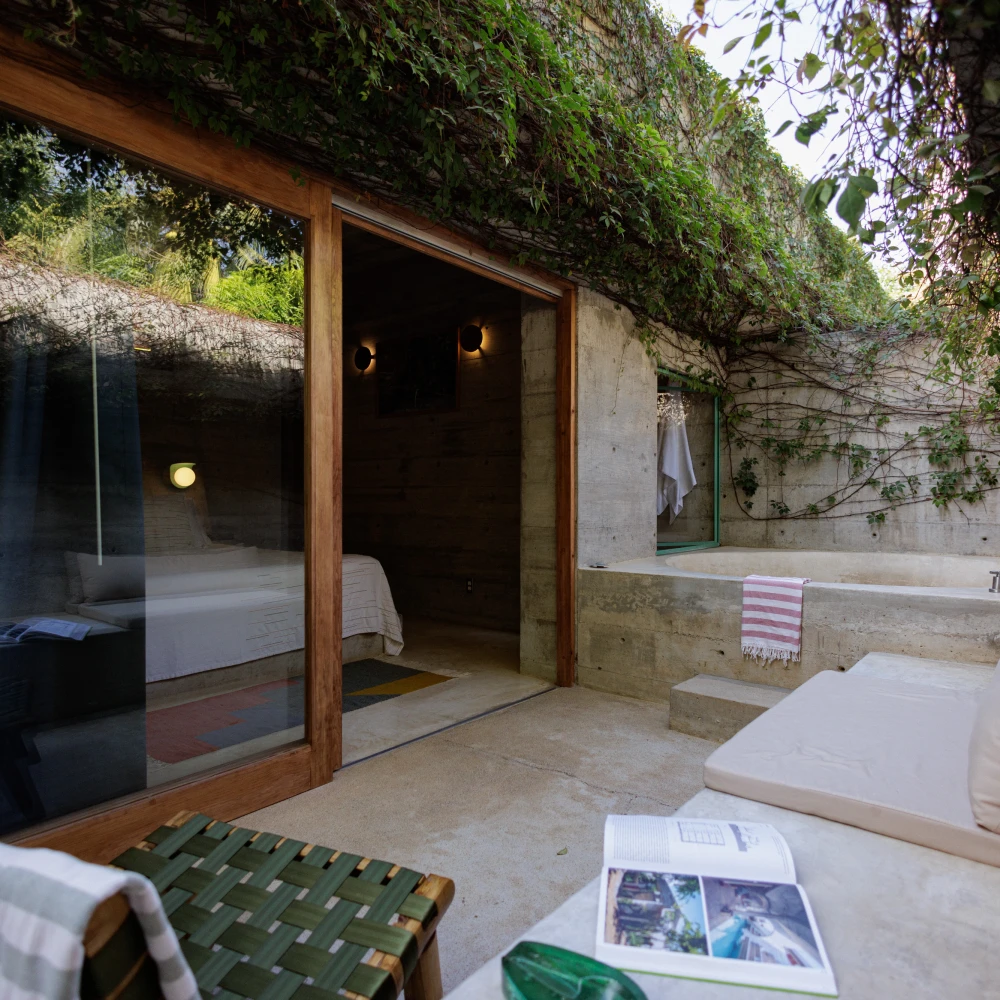 Sunlit courtyard with covered bed and ivy-covered walls, viewed through glass