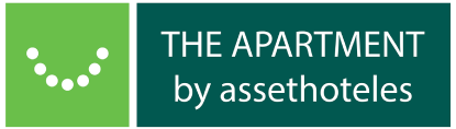Logo de "THE APARTMENT by assethoteles" con un diseño de puntos en forma de sonrisa sobre fondo verde.