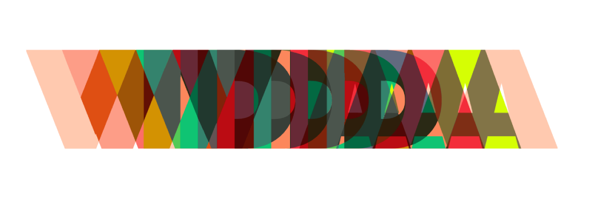 Texto superpuesto y colorido de letras "WDPAW" que se repiten y se mezclan en diferentes tonos sobre fondo blanco.