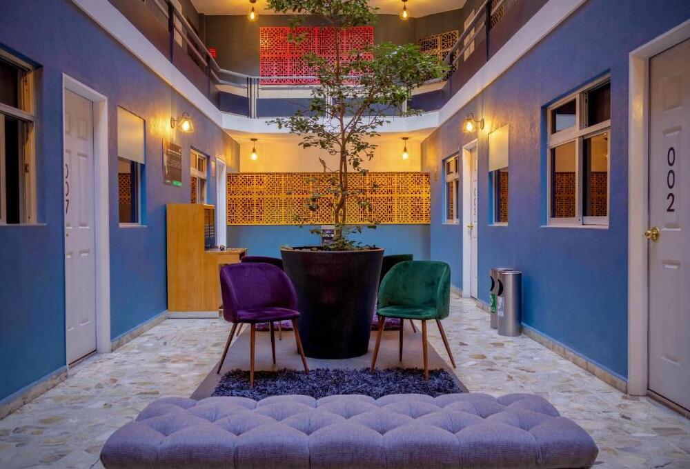 Pasillo interior azul con puertas blancas, un &aacute;rbol central y sillas coloridas alrededor.