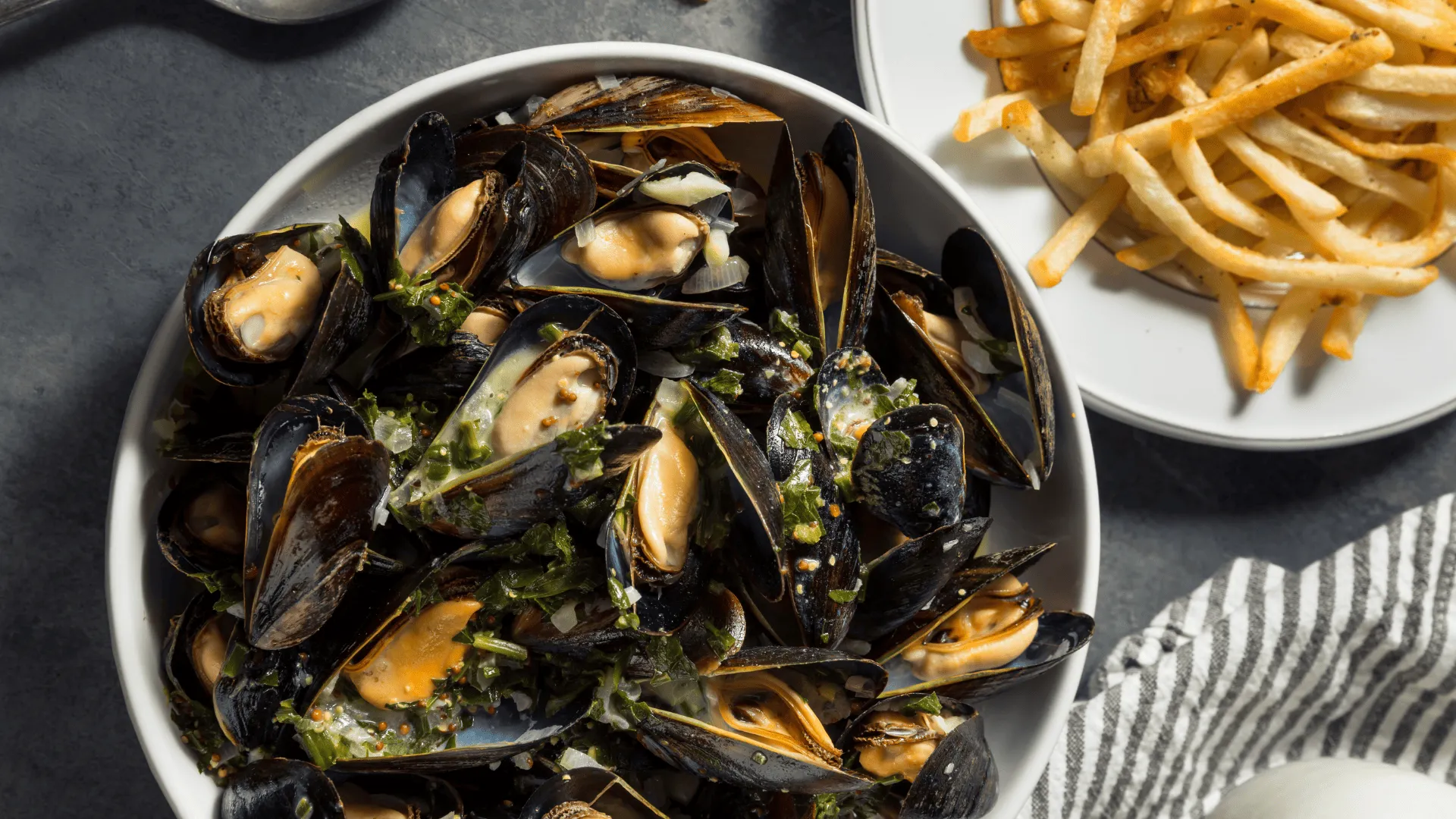 Traditional belgian food moules-frites mussels pot fries mayonnaise Brussels brasserie