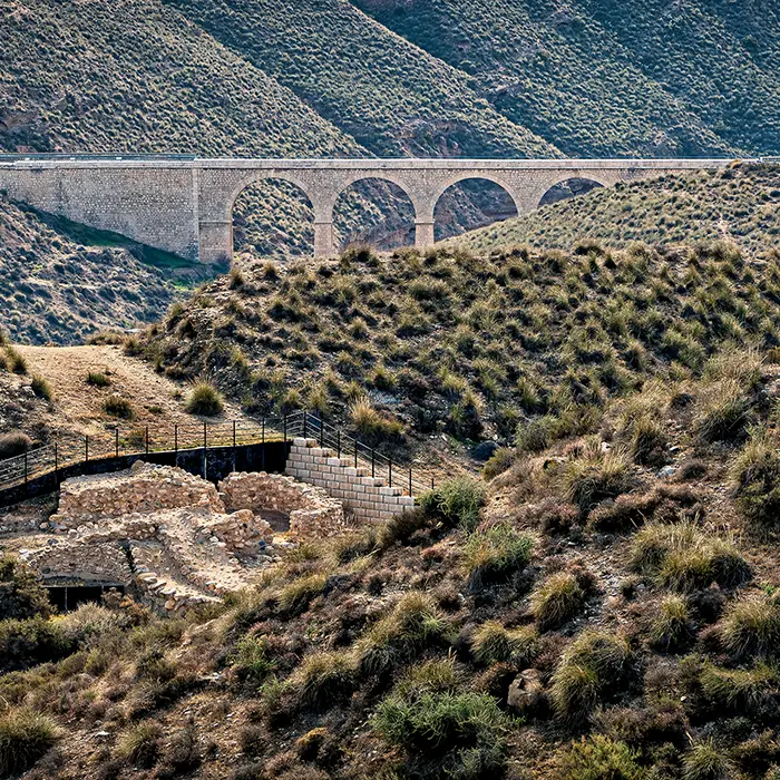 View of Spanish highway bridge above archaeological site of Los Millares