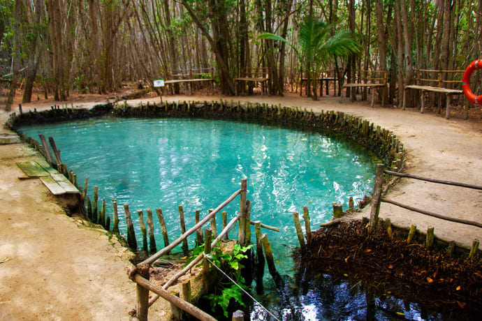 Cenote rodeado de árboles y bancos de madera, con agua azul clara y una superficie de tierra alrededor.