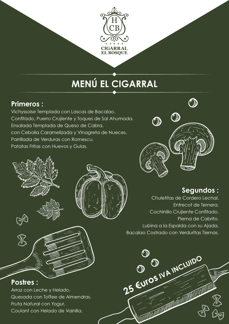 Menú del CIGARRAL: Sopas, ensaladas, carnes, pescados y postres variados por 25 euros con IVA incluido.