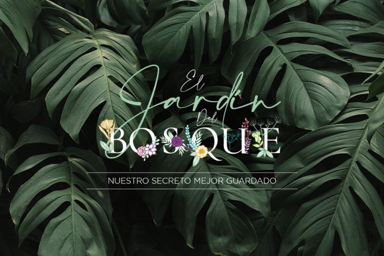 Hojas verdes de monstera con texto: "El Jardín del Bosque. Nuestro secreto mejor guardado".