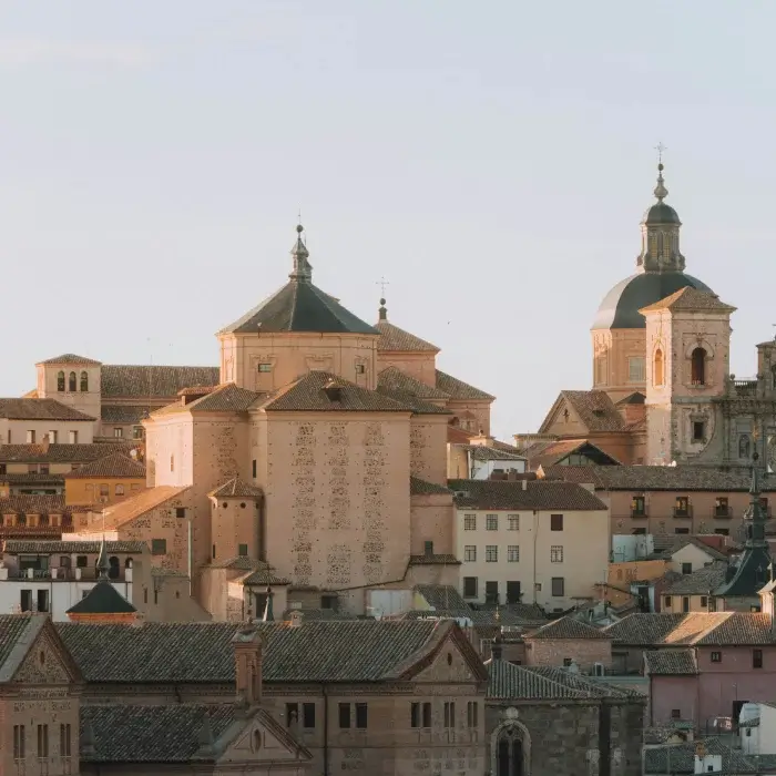 Vista de una ciudad histórica con iglesias y edificios antiguos bajo una luz cálida.