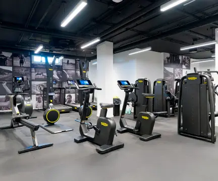 Gimnasio moderno con máquinas de cardio, incluidas bicicletas estáticas y cintas de correr en un ambiente iluminado.
