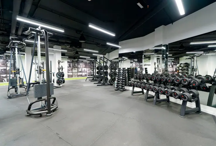 Gimnasio moderno y espacioso con pesas, máquinas de ejercicio y espejos, iluminado con luces LED en el techo.