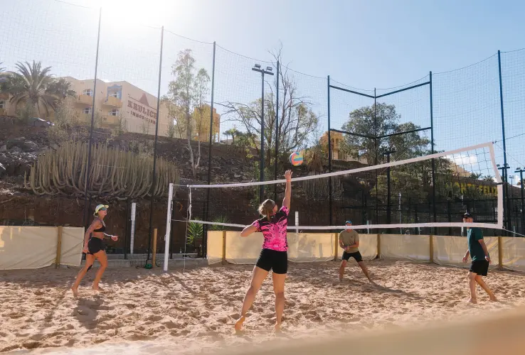 Cuatro personas jugando voleibol de playa en una cancha soleada, rodeada de vegetación y edificios al fondo.