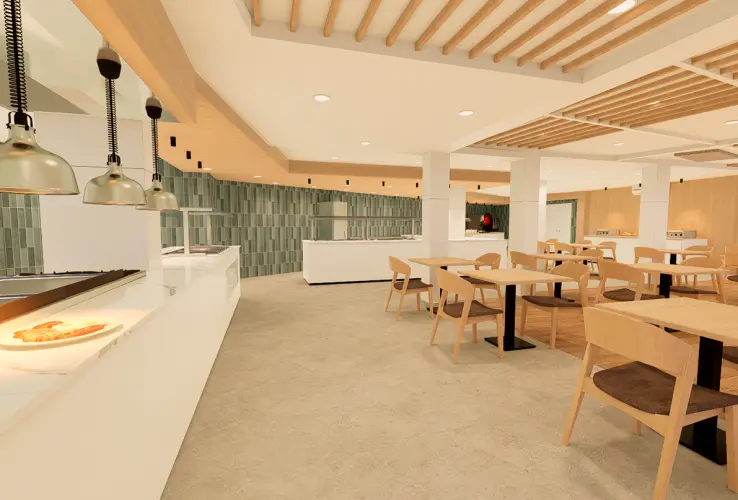 Un comedor moderno y minimalista con mesas de madera y lámparas colgantes sobre mostradores.