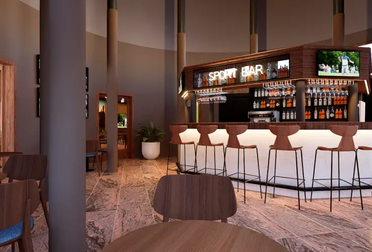 Bar deportivo moderno con sillas de madera, barra iluminada y pantallas de TV. Mesas y sillas en el primer plano.