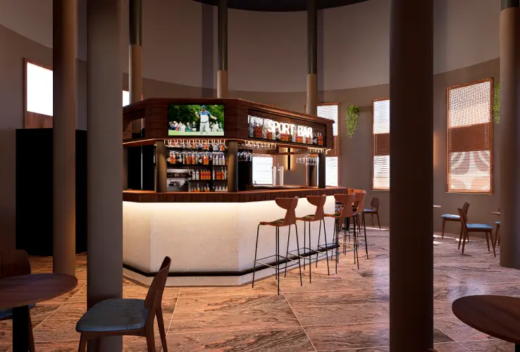 Bar deportivo moderno con barra central, pantallas de televisión y mobiliario de madera en ambiente iluminado.