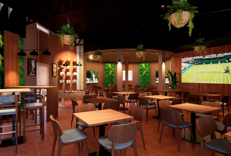 Restaurante moderno con mesas de madera, sillas marrones, pantallas grandes que muestran tenis, y plantas colgantes.