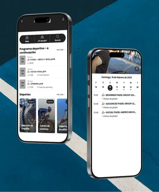 Dos teléfonos muestran la pantalla de una aplicación de programación deportiva y reserva de clases.