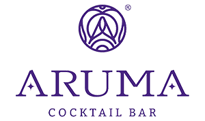 Logo de "Aruma Cocktail Bar" en letras moradas con un diseño circular abstracto encima.