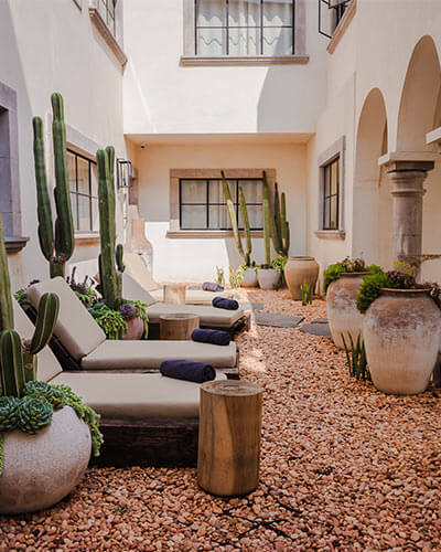 Patio con cactus, sillones reclinables, macetas grandes y piedra decorativa en el suelo, rodeado por paredes claras.