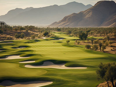 Campo de golf rodeado de montañas y árboles en un entorno desértico, con cielo parcialmente nublado.