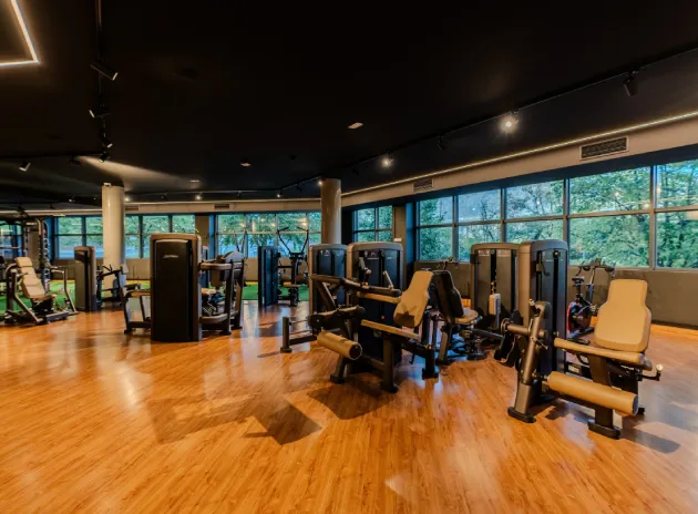 Gimnasio moderno con equipos de ejercicio y suelo de madera. Ventanas amplias al fondo.