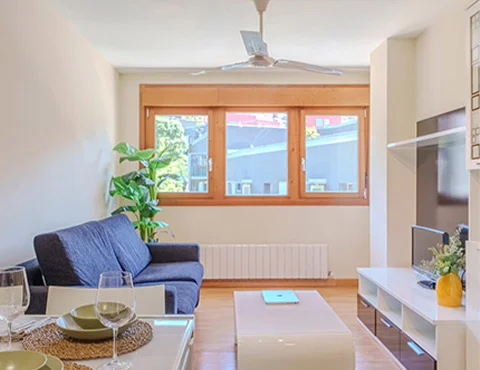 Sala de estar luminosa con sofá azul, mesa de centro blanca, televisor y planta junto a la ventana.