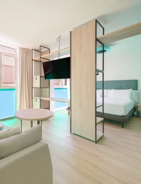 Habitación moderna con cama, sofá y TV, iluminada con luz natural.