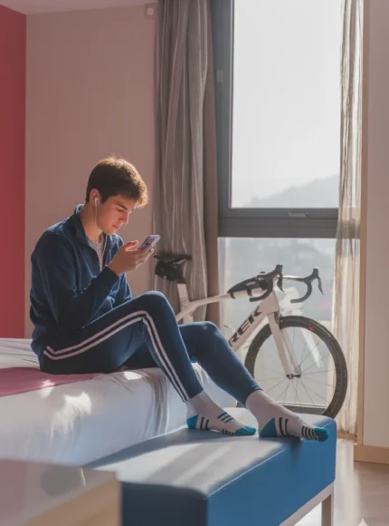 Joven con auriculares usando el móvil en una habitación, con una bicicleta junto a la ventana.