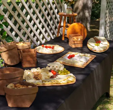 Mesa con variedad de quesos, frutas y decoración al aire libre.