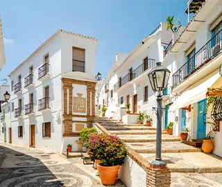 Callejón empedrado con casas blancas y plantas bajo un cielo azul.