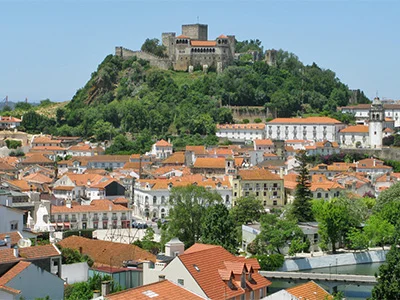 Ciudad con casas de techo rojo y un castillo en una colina cubierta de árboles al fondo.