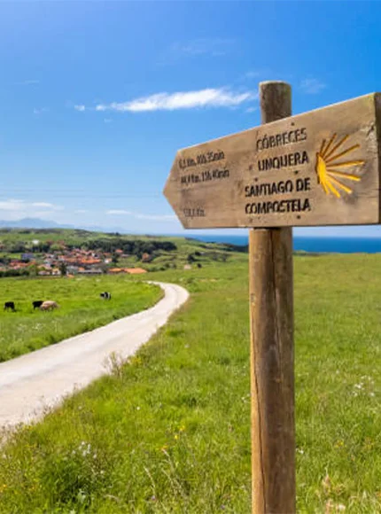 Señal del Camino de Santiago en un campo verde, con un pueblo y el mar al fondo.