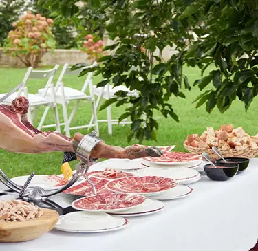 Mesa de catering con jamón, panes y frutos secos en un jardín, bajo un árbol.