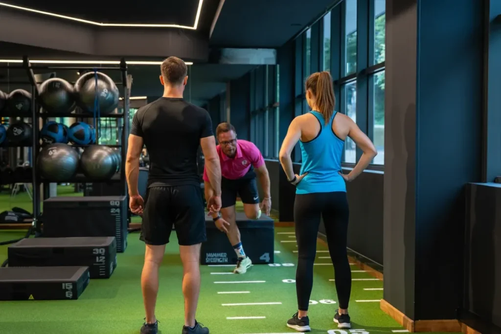 Personas entrenando en gimnasio con ventanas grandes y pelotas de ejercicio en el fondo.