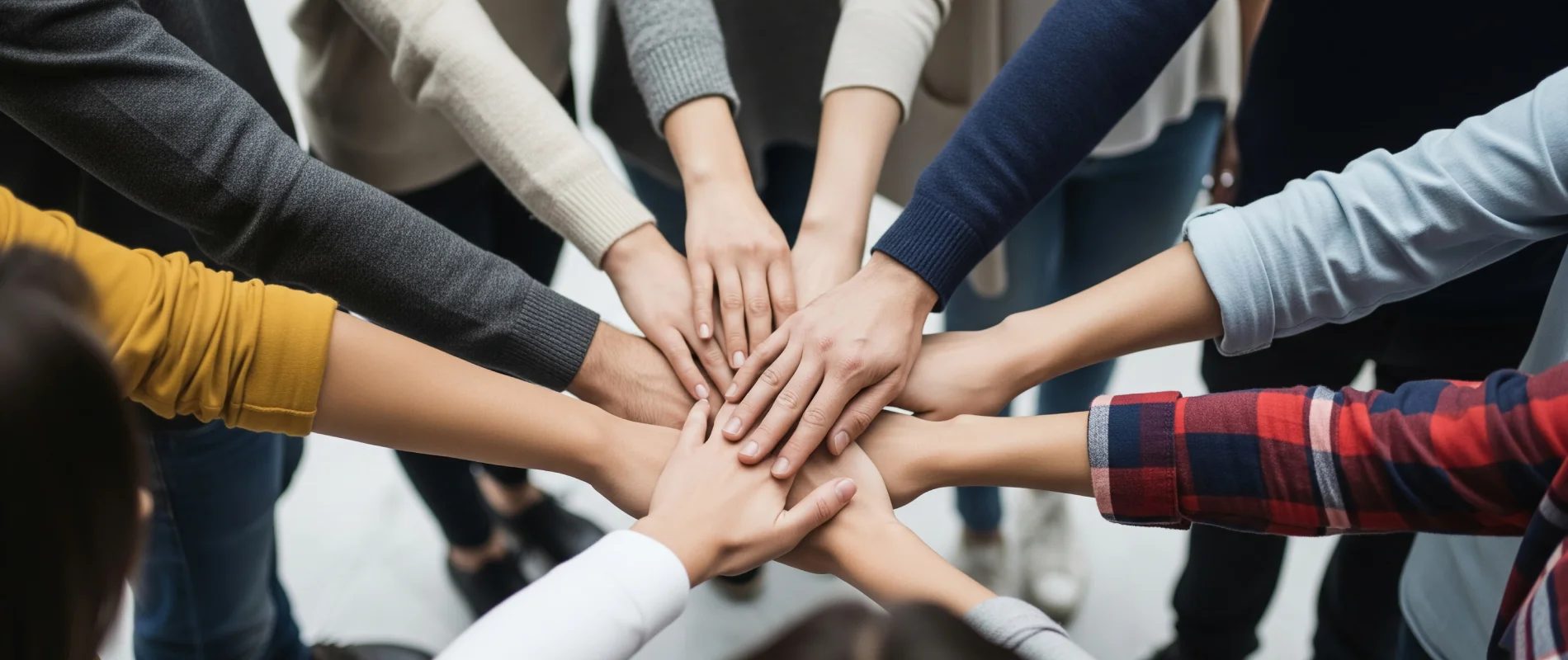 Grupo de manos unidas simbolizando trabajo en equipo.