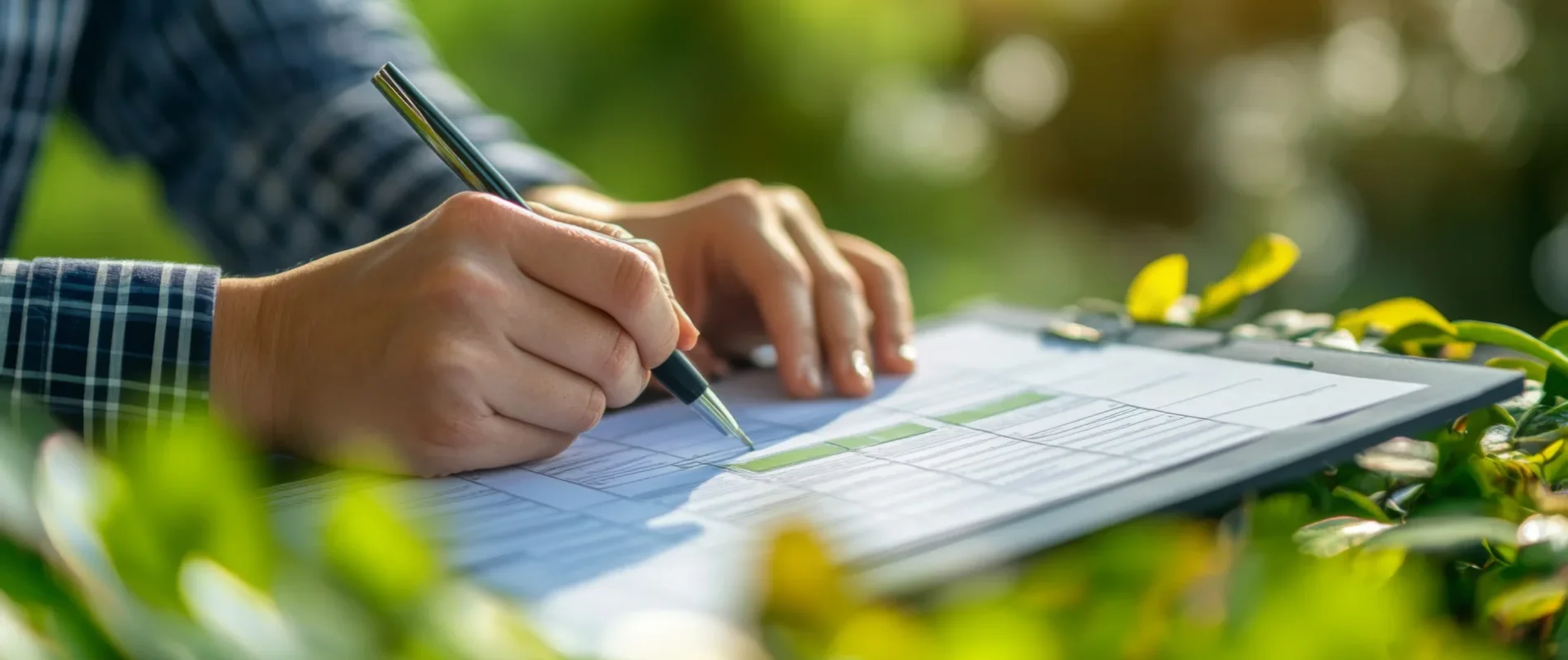 Mano escribiendo en un formulario sobre un portapapeles, rodeada de plantas verdes.
