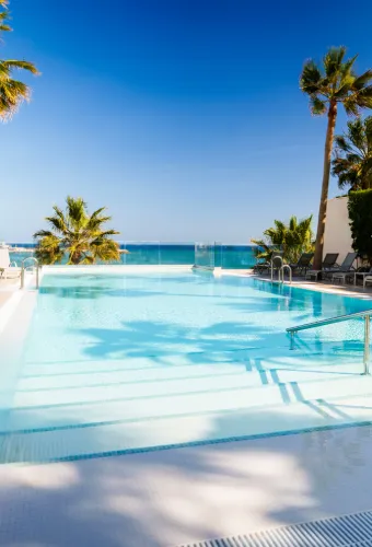 Piscina con palmeras y vista al mar bajo un cielo azul despejado.