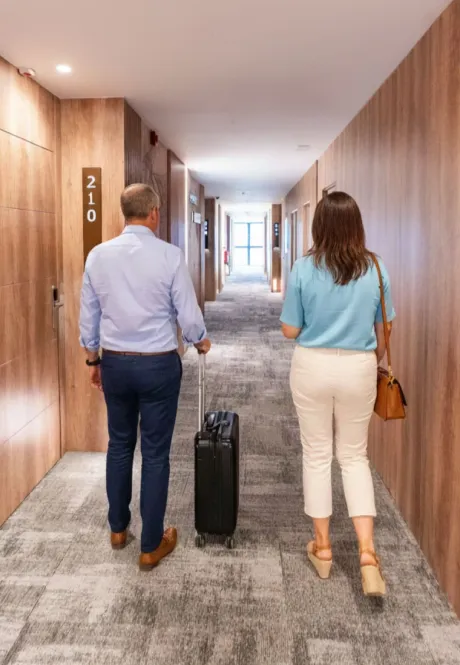 Pareja caminando por un pasillo de hotel con maleta con ruedas.