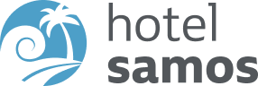 Logotipo de Hotel Samos con una palmera y una espiral de ola en un círculo azul.