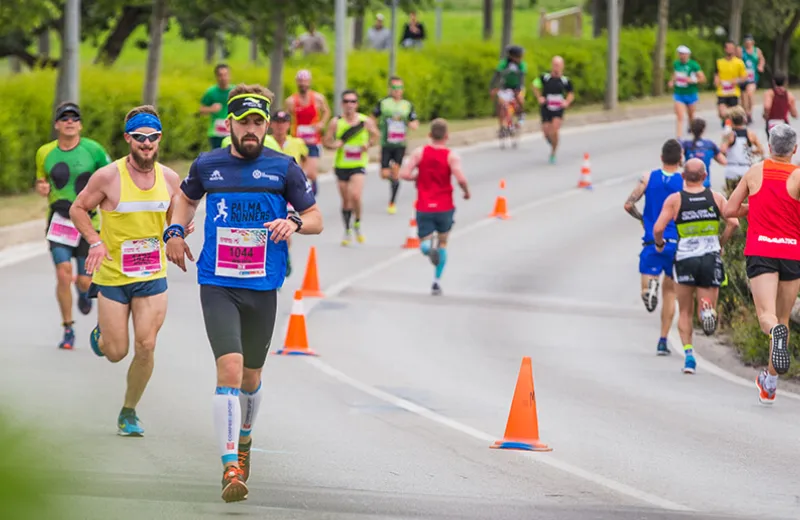 Corredores en una maratón al aire libre, con conos naranjas delimitando el camino.