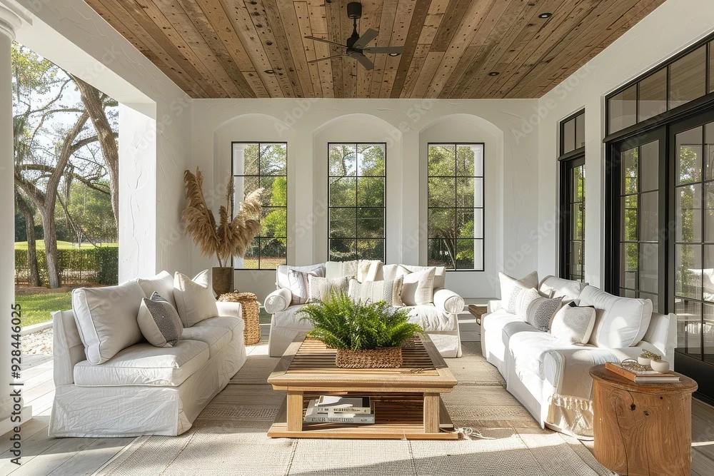 Bright sunroom with white sofas, wooden table, plants, and large windows.