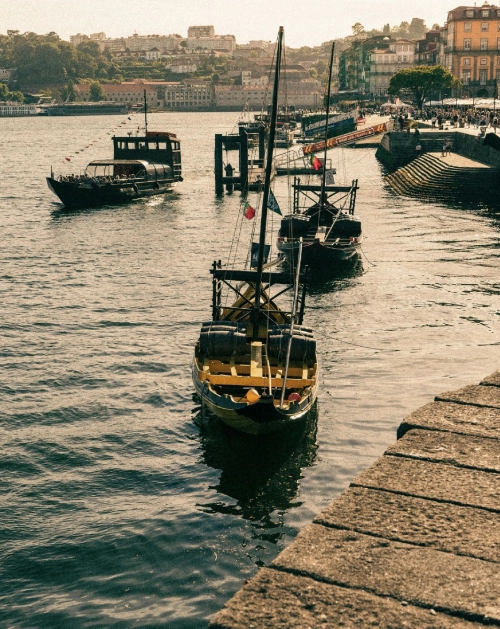 Boats moored on a river with a scenic view of buildings and distant hills in the background.