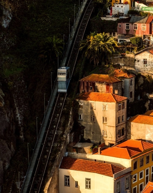 Funicular railway ascending hillside with colorful buildings and lush greenery.
