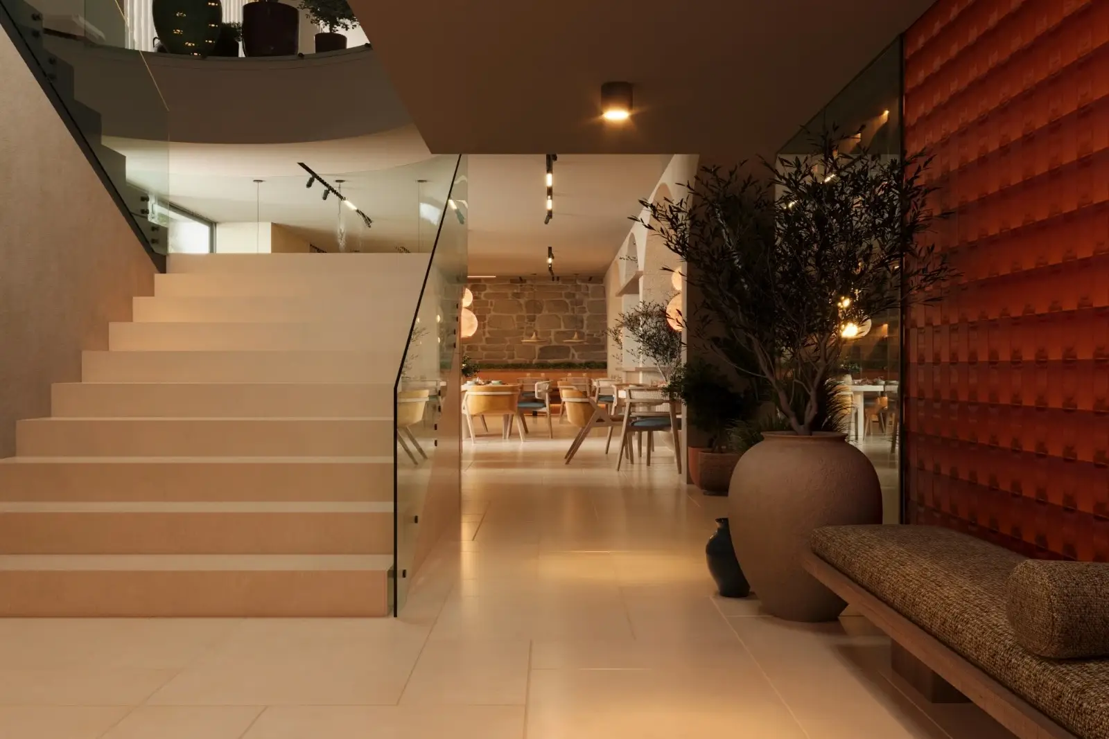 Modern interior with staircase, seating, plants, and a well-lit dining area in the background.