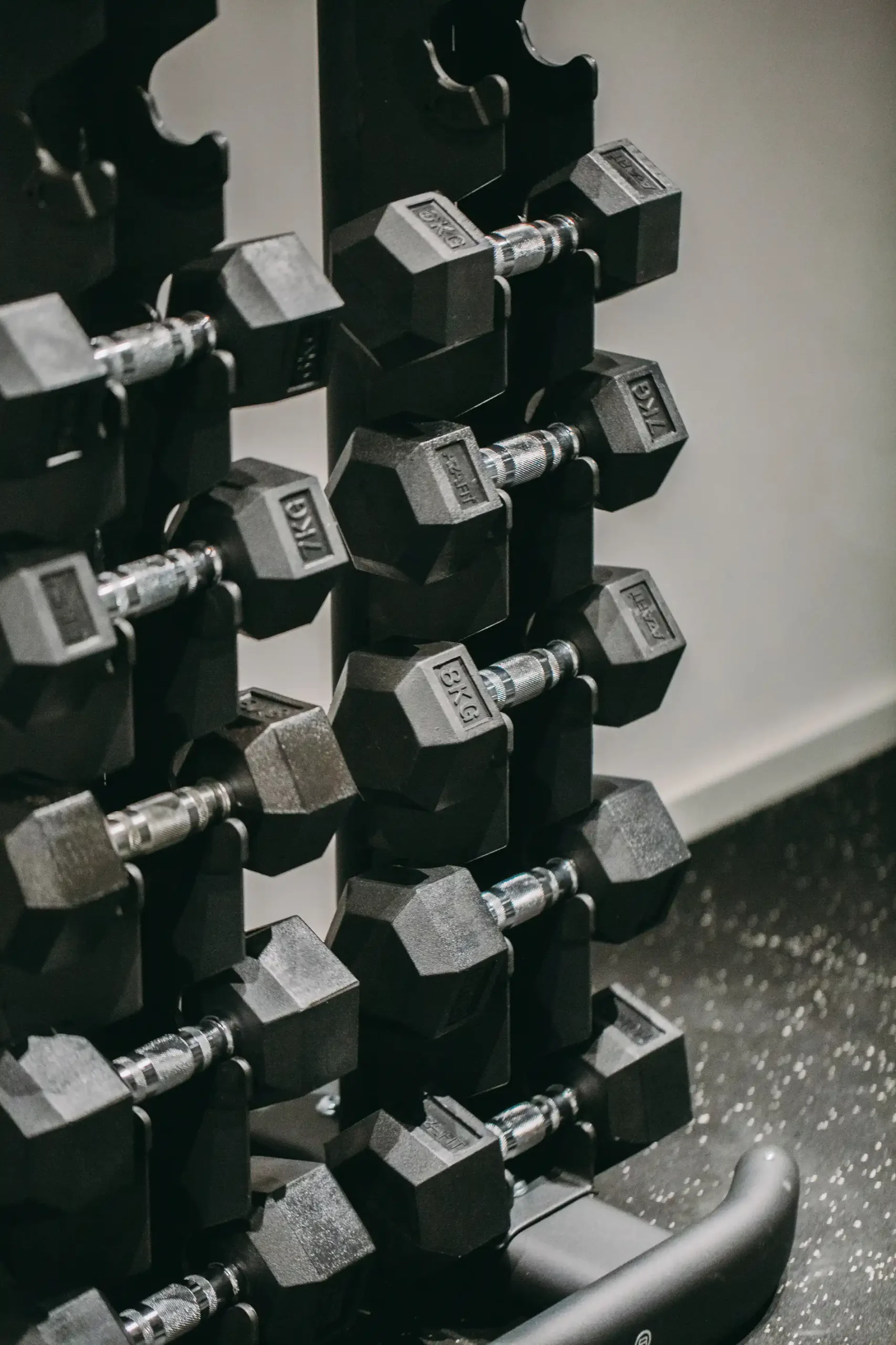 Black dumbbells on a rack in a gym setting.