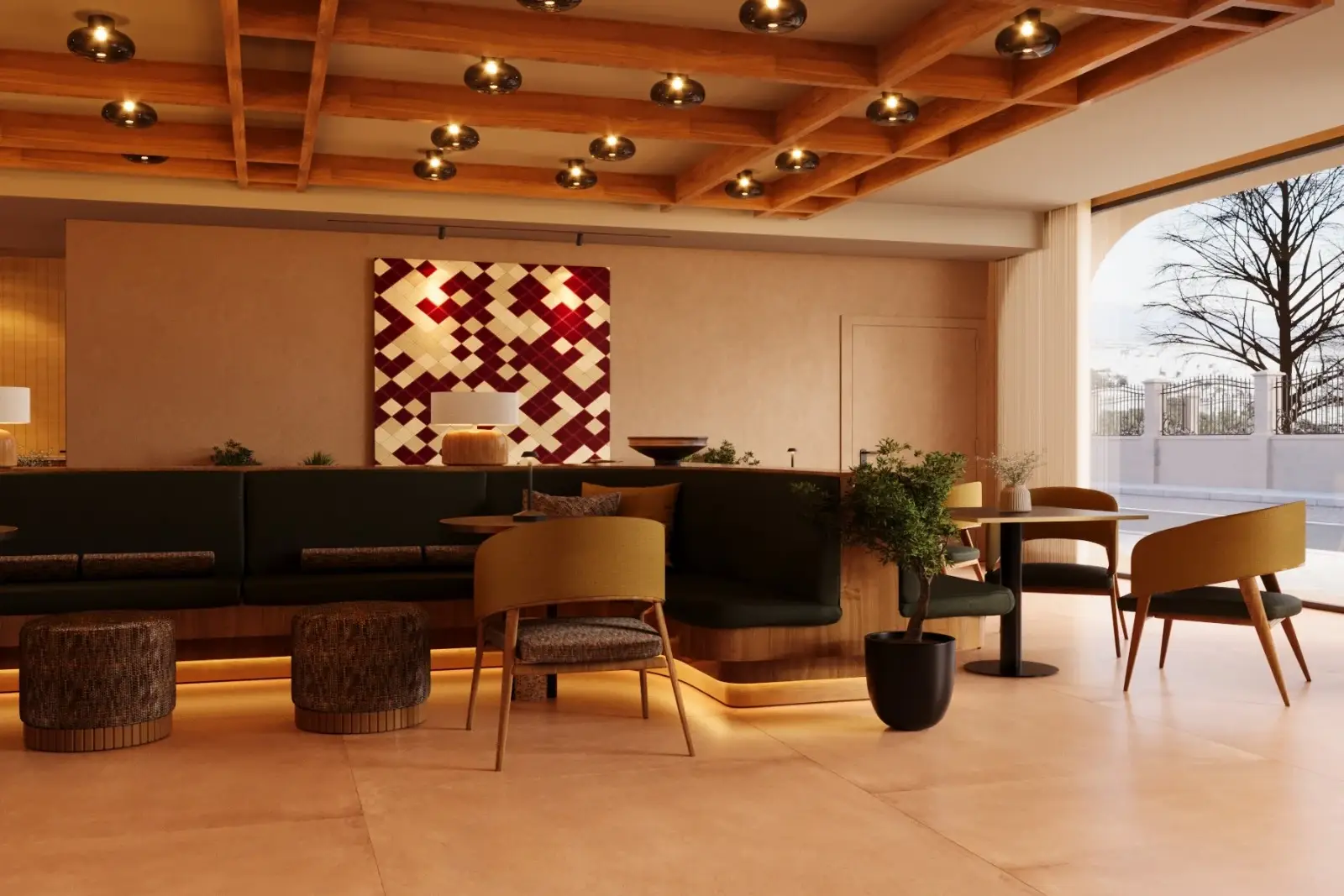 Modern cafe interior with wood ceiling, potted plants, and geometric wall art.