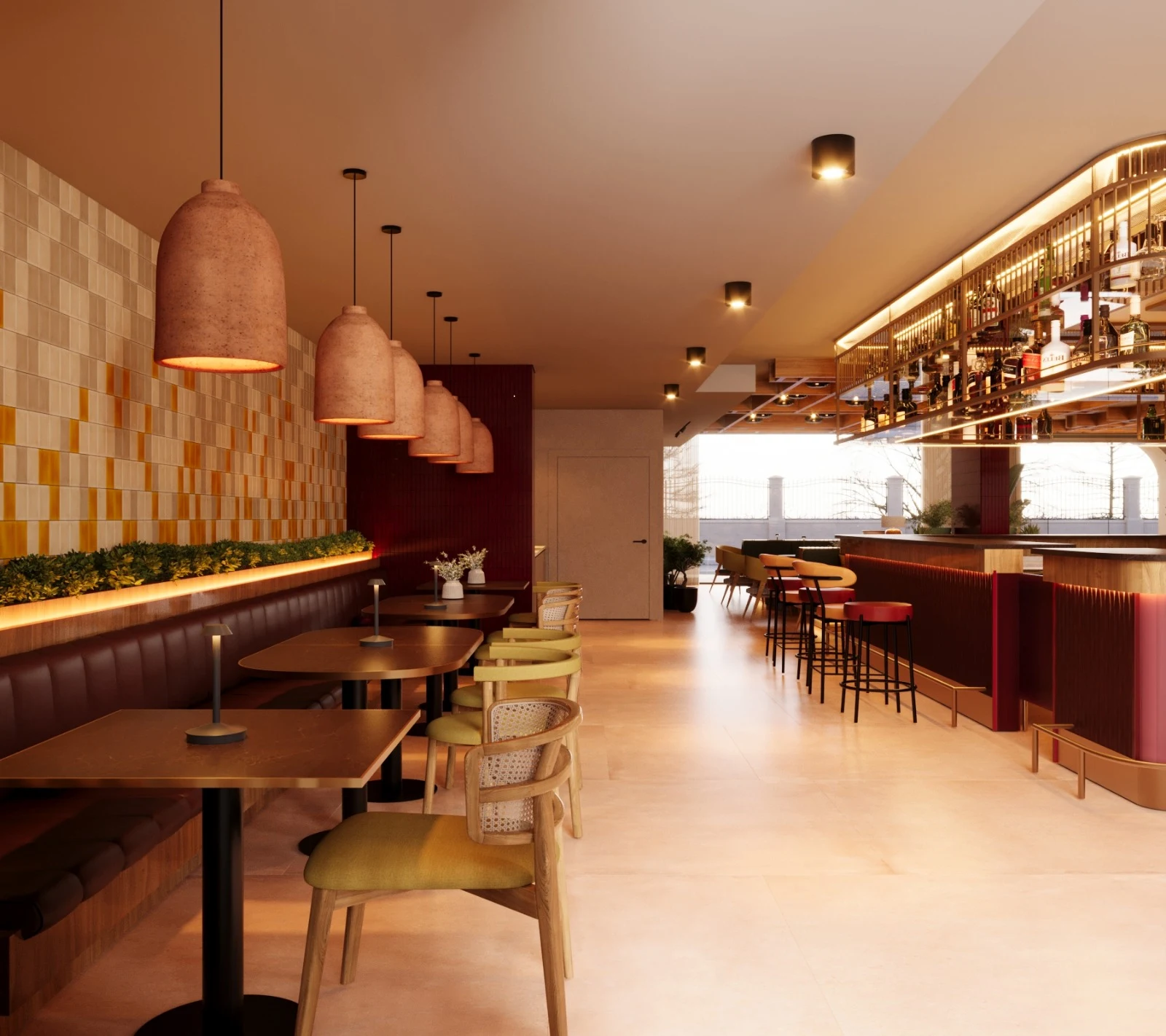 Modern cafe with wooden tables, pendant lights, and bar seating.