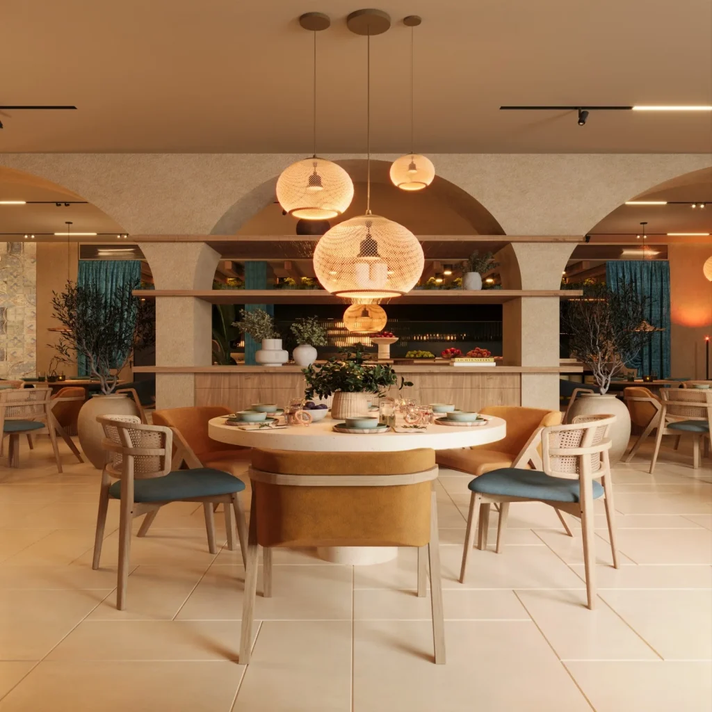 Stylish restaurant interior with round table, modern chairs, and hanging lamps.